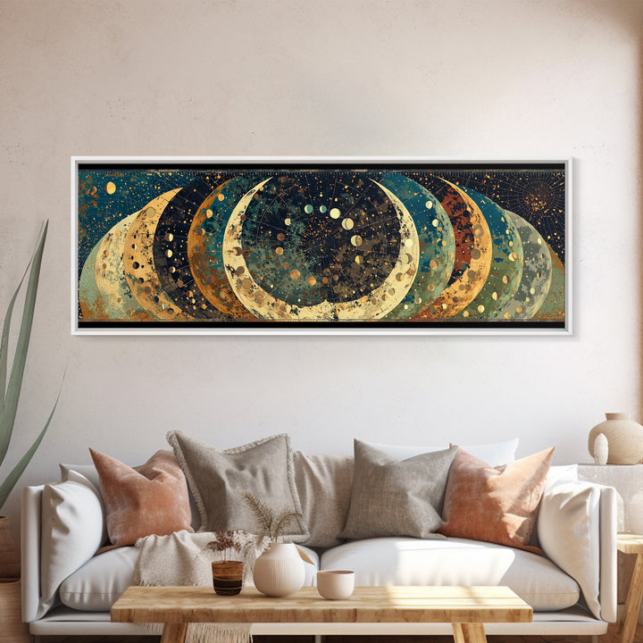 Layered Crescent Moon Abstract Wall Art, Mystical Wall Art, Boho African Inspired Canvas Print, Teal Gold Home Decor Gift