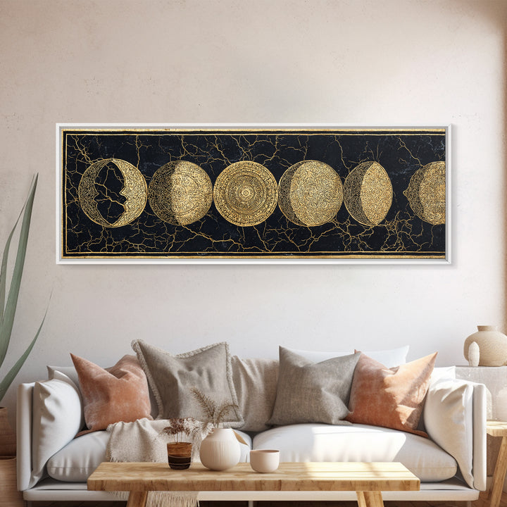 Gold Moon Phase Celestial Wall Art, Black And Gold Art, Spiritual Wall Decor, Mystical Canvas Print, Elegant Home Decor Gift