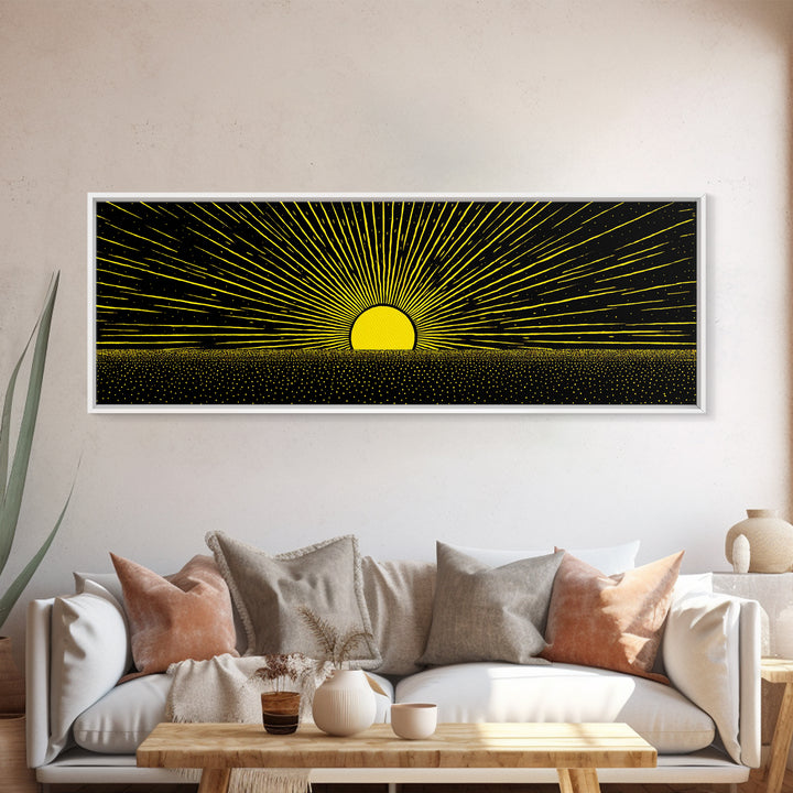 Minimal Golden Sunrise Rays Wall Art, Black And Gold Abstract Landscape, Modern Canvas Decor For Office Or Living Room Gift