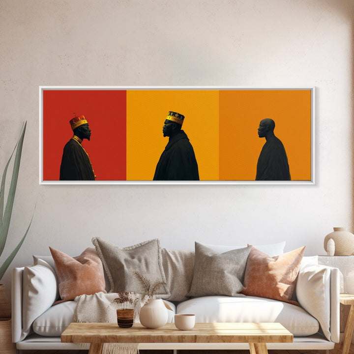 Three African Kings Profile Framed Canvas Print, Royal Black Men Portrait, Afrocentric Wall Decor, Bold Orange Art For Home
