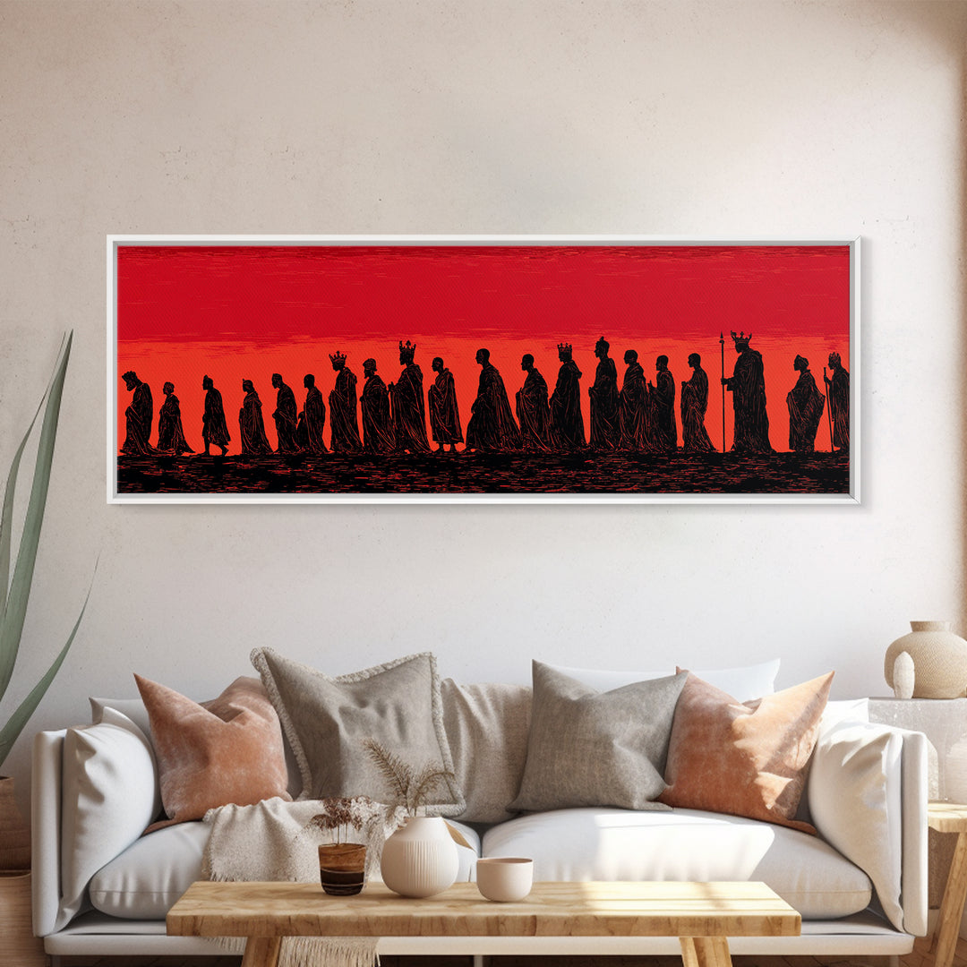 Red Sunset African Procession Wall Art, Tribal Silhouette Landscape, Panoramic Black Culture Home Decor For Living Room Gift