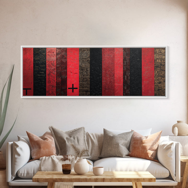 Red Black Gold African Fabric Wall Art, Tribal Textile Pattern Canvas Print, Cultural Geometric Decor For Modern Home Gift