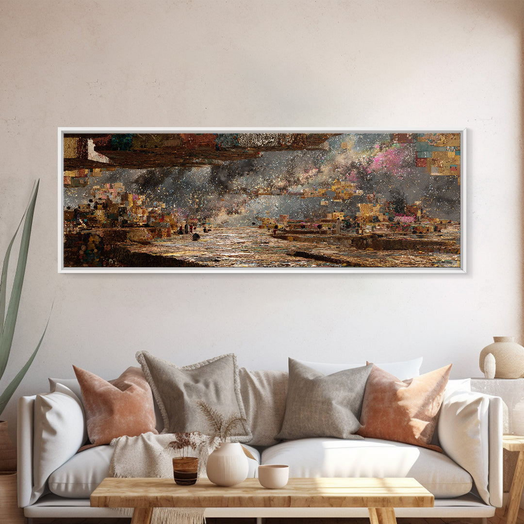 Starlit African Harbor Wall Art, Dreamy Landscape Painting, Abstract City Lights, Textured Art Print For Living Room Decor