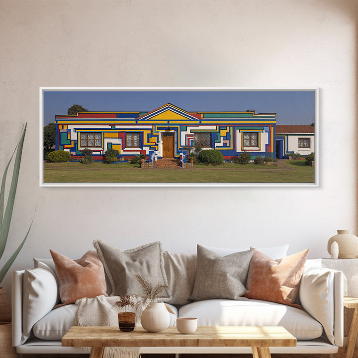 Bright Ndebele House Canvas Print, South African Art Decor, Geometric Pattern Facade, Cultural Wall Decor For Living Room