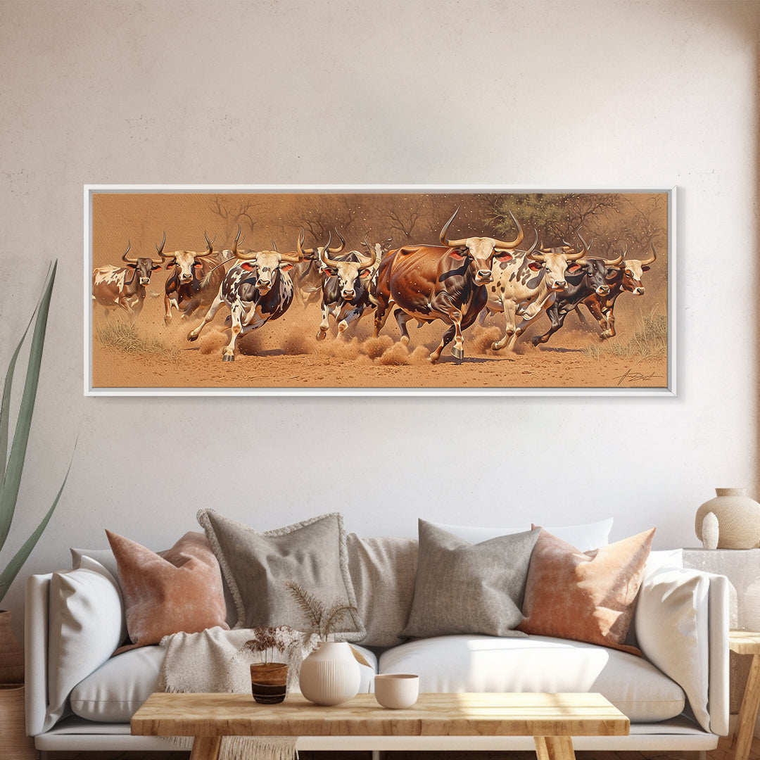 Charging African Cattle Herd Canvas Print, Safari Animal Wall Art, Rustic Ranch Decor, Brown Earth Tone Living Room Art Gift