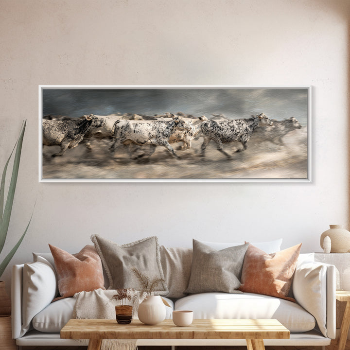 Running Speckled Cattle Wall Art, African Safari Art Print, Neutral Farmhouse Decor, Dramatic Animal Canvas For Home Decor