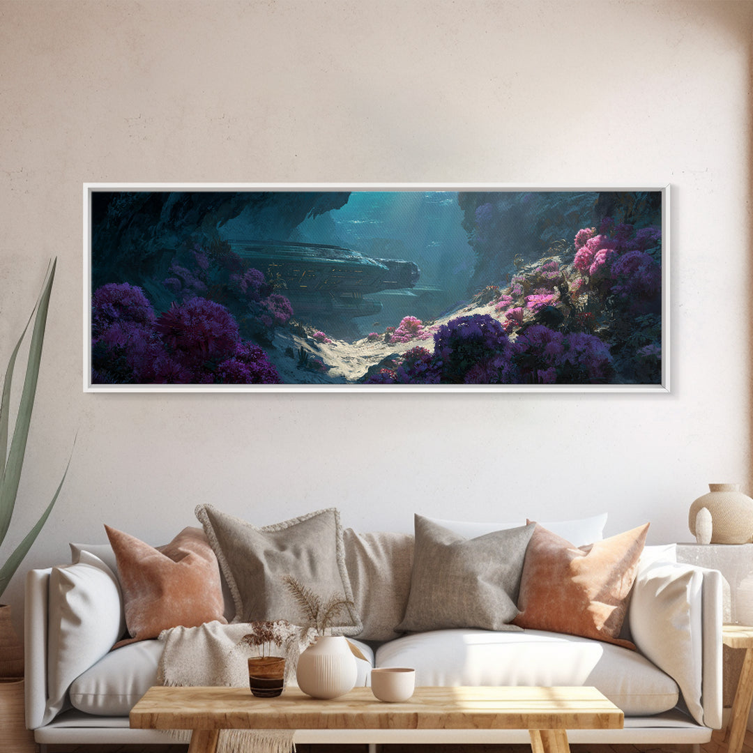 Sunlit Alien Cave Landscape Wall Art, Dreamy Floral Digital Art, Sci Fi Nature Scene, Unique Canvas Print For Modern Decor