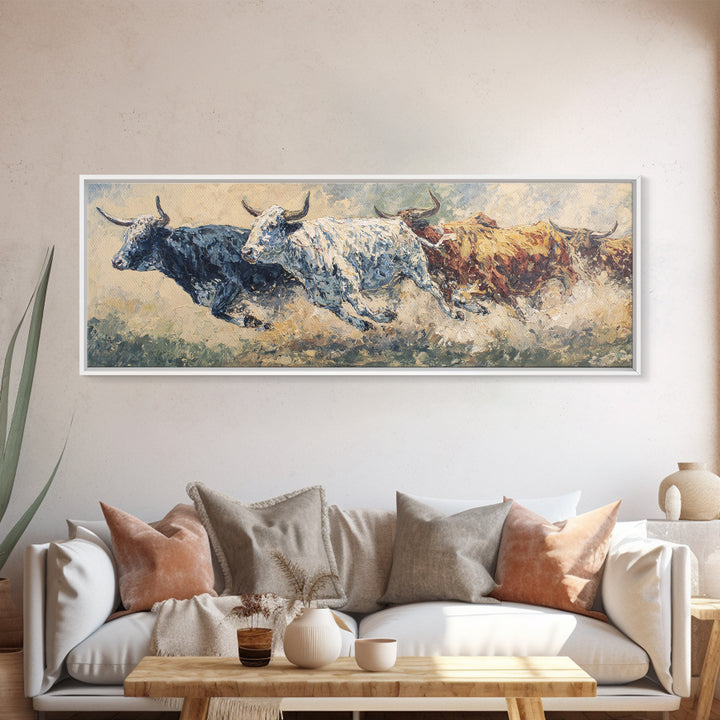 Three Running Bulls Framed Canvas Print, Textured Animal Painting, Rustic Safari Wall Art, Earth Tone Decor For Living Room