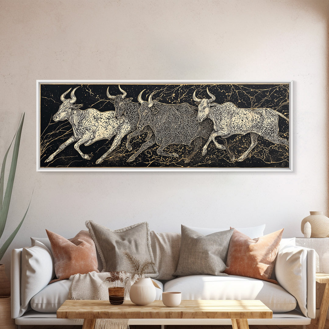 Black And Gold Longhorn Cattle Wall Art, Tribal Animal Print, Rustic Western Decor, Bold Textured Canvas Print For Home Decor