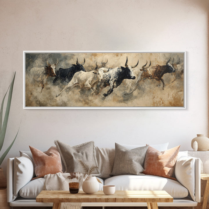 Charging Bulls Abstract Wall Art, African Safari Art, Earth Tone Canvas Print, Rustic Living Room Decor, Statement Wall Decor