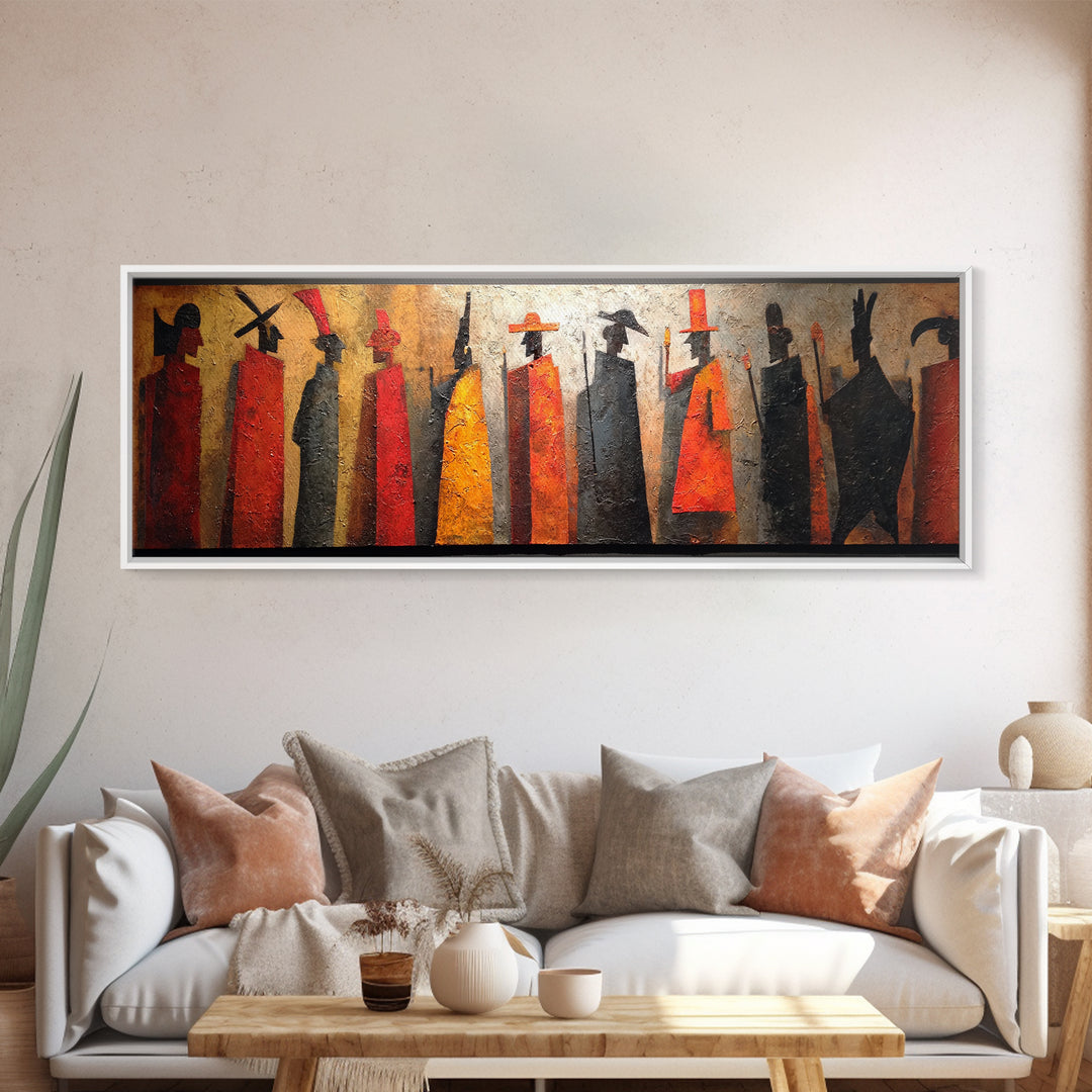 Tall Tribal Figures Framed Canvas Print, African Warrior Art, Afrocentric Wall Art, Cultural Home Decor, Bold Tribal Art Decor