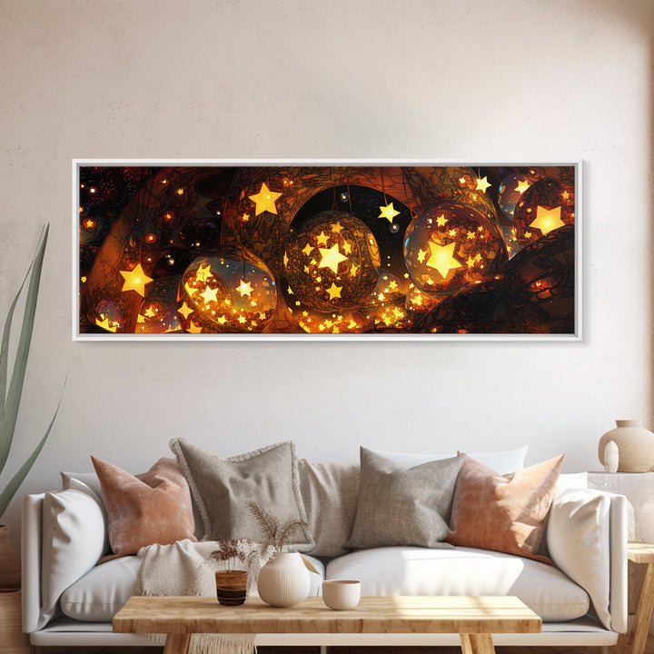 Glowing Star Orbs Canvas Print, Dreamy Wall Art, Black And Gold Art, Celestial Decor, Magical Bedroom Wall Decor, Unique Home Decor