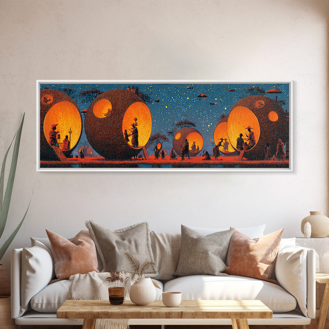 Glowing Spherical Village Canvas Print, African Inspired Wall Art, Orange Decor, Afrocentric Art, Culture Wall Art, Unique Canvas