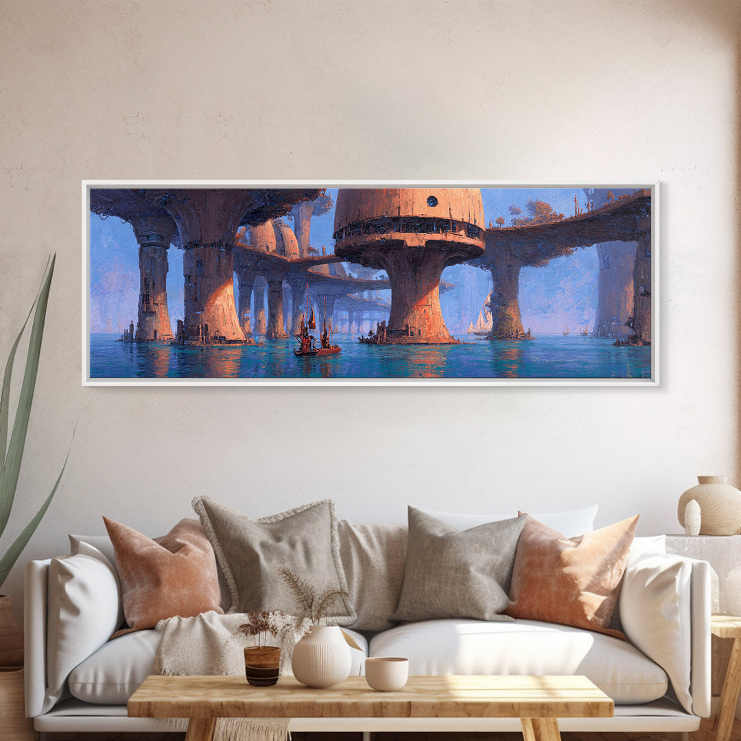 Futuristic Harbor City Canvas Print, Blue Wall Art, Modern Canvas Art, Large Wall Art, Fantasy Landscape Decor, Office Decor