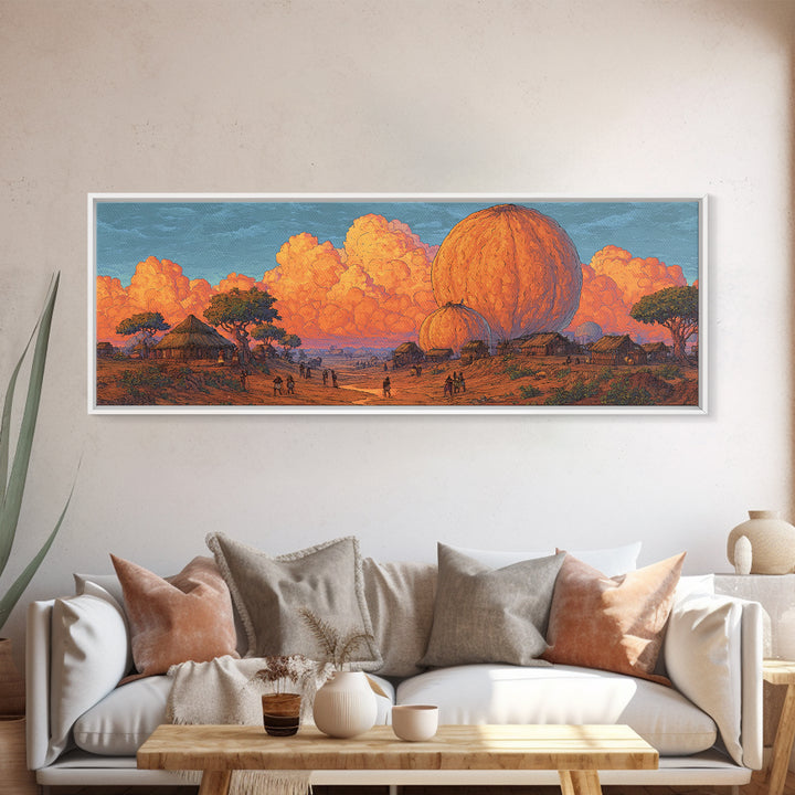 Orange African Savanna Baobab Village Wall Art, Afrocentric Landscape Canvas, Safari Decor, Earth Tone Living Room Print