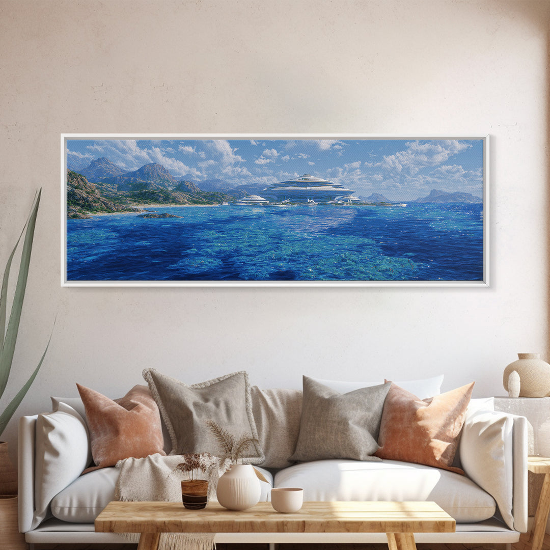 Blue Mediterranean Coast Futuristic Yacht Wall Art, Ocean Landscape Canvas Decor, Luxury Travel Poster, Modern Home Art Print