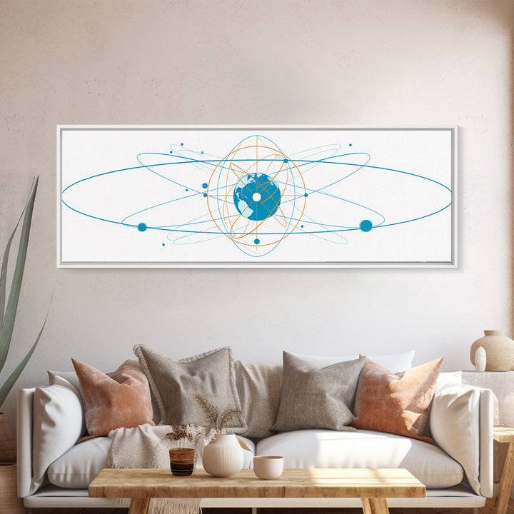 Blue Orange Atomic Globe Orbit Canvas Print, Modern Science Wall Art, Geometric Digital Art, Futuristic Office Decor Print