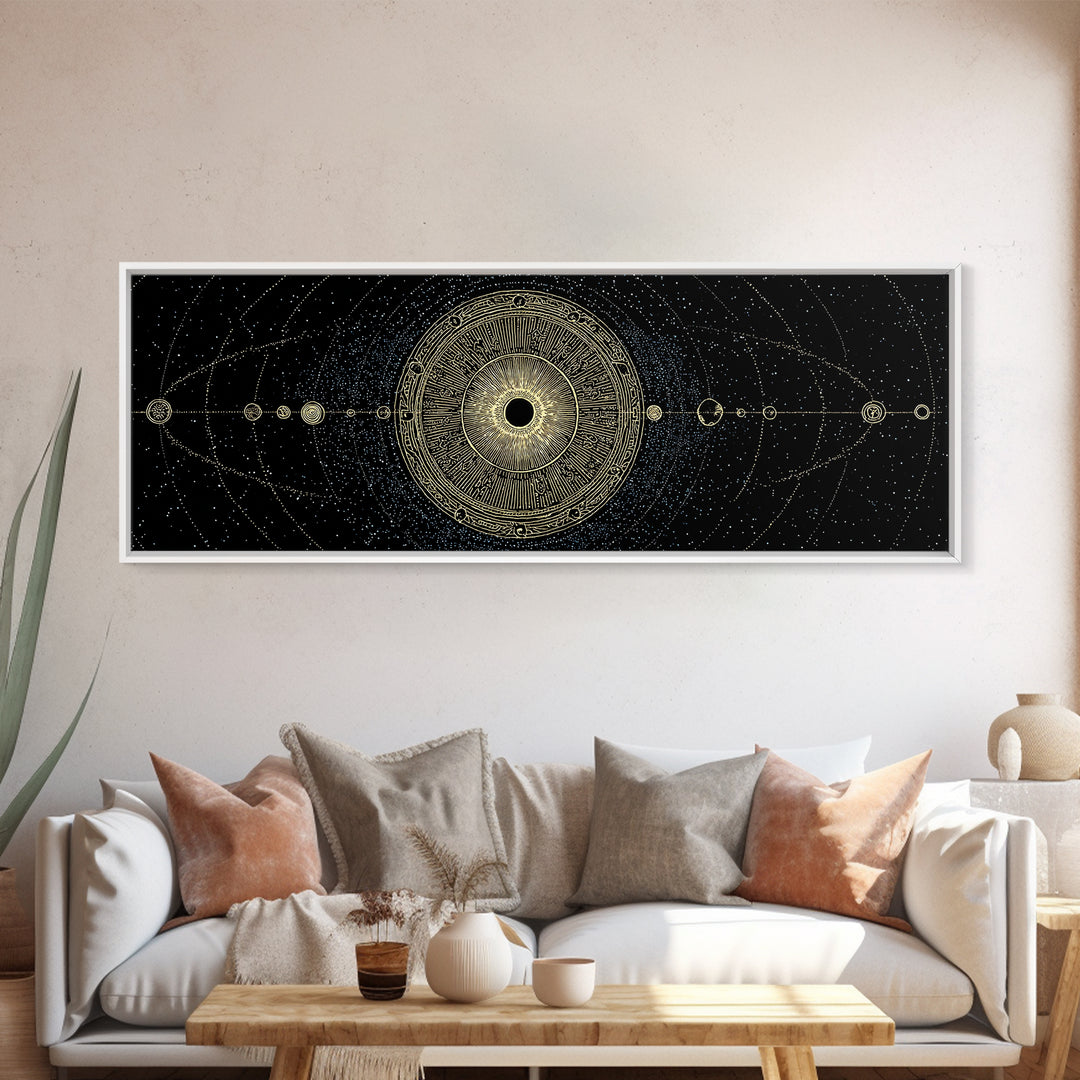 Golden Sacred Geometry Solar System Canvas Print, Celestial Mandala Wall Decor, Luxury Astronomy Poster, Boho Home Decor