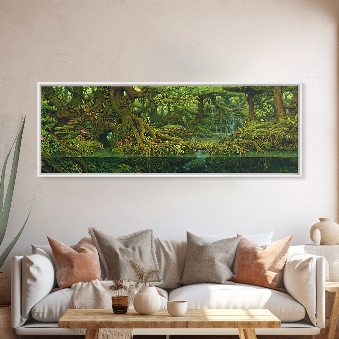Ancient Jungle River Roots Wall Art, Lush Green Forest Canvas Print, Nature Scene Decor, Fantasy Landscape Home Decor Gift