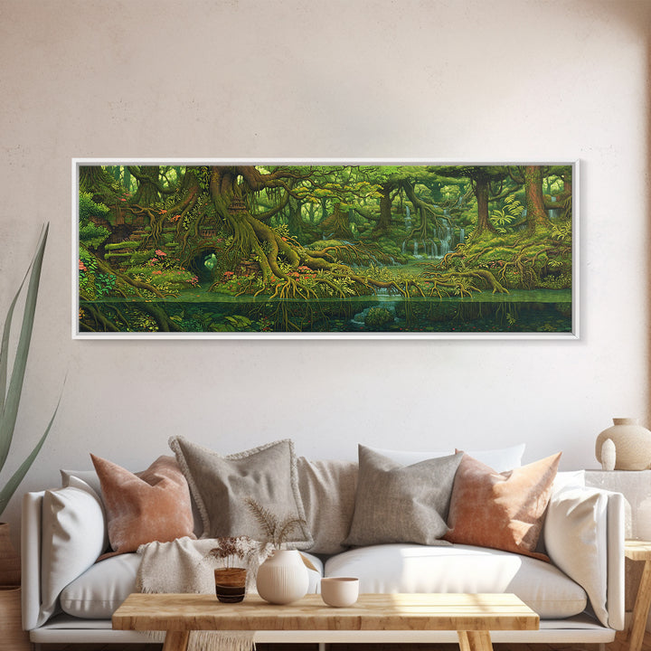 Ancient Jungle River Roots Wall Art, Lush Green Forest Canvas Print, Nature Scene Decor, Fantasy Landscape Home Decor Gift