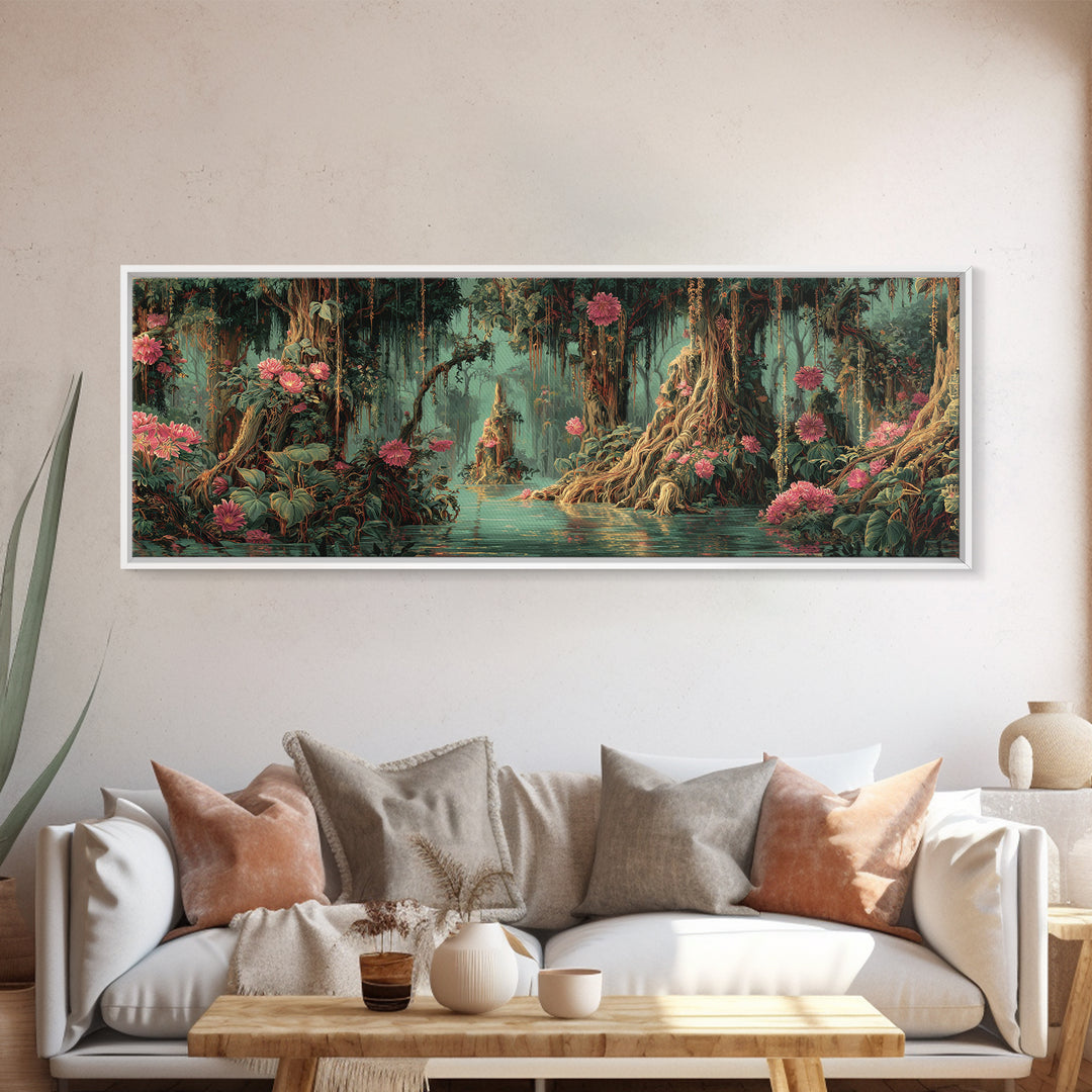 Enchanted Swamp With Pink Blooms Framed Canvas Print, Mystical Jungle Wall Art, Floral Nature Scene, Boho Home Decor Gift