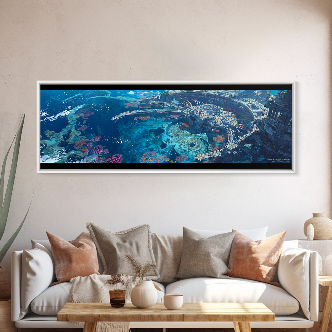 Futuristic Underwater Reef City Canvas Print, Blue Ocean Sci Fi Wall Art, Coral Seascape Poster, Unique Wall Decor Gift Idea