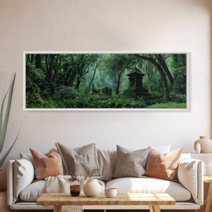 Ancient Jungle Tomb And Forest Ruins Framed Canvas Print, African Landscape, Mystical Wall Art, Dark Green Office Decor Gift