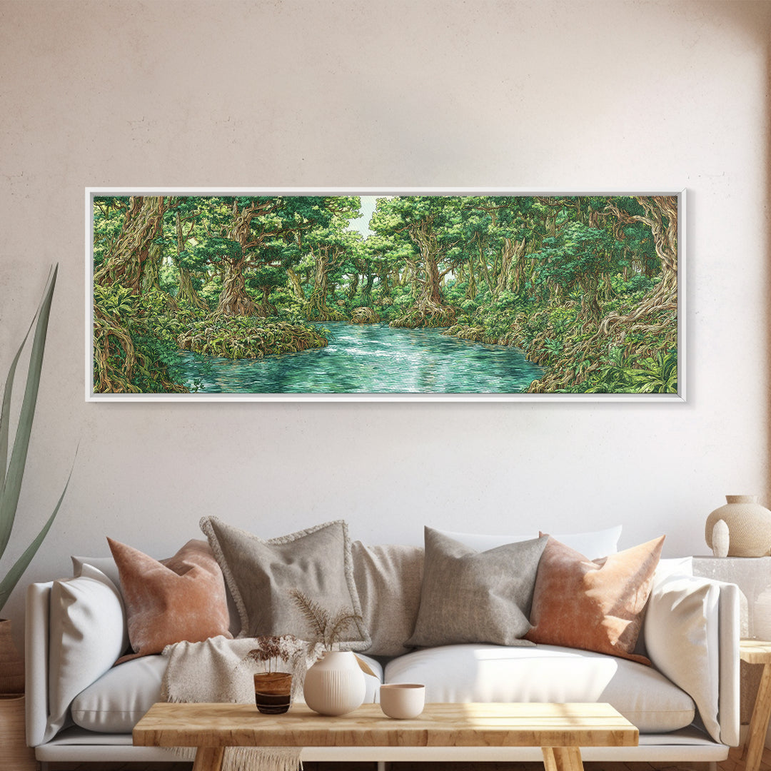 Turquoise River Through Lush African Jungle Canvas Print, Nature Scene Art, Safari Wall Decor, Green Boho Living Room Art