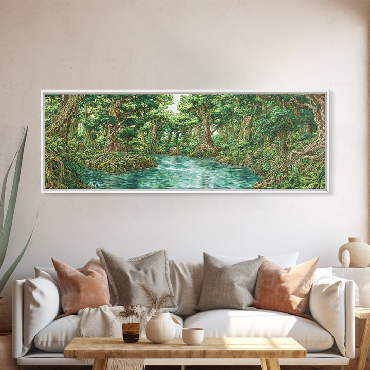Turquoise River Through Lush African Jungle Canvas Print, Nature Scene Art, Safari Wall Decor, Green Boho Living Room Art