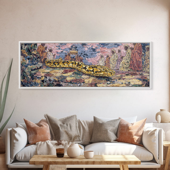 Golden Python Ceremony African Painting Canvas Print, Tribal Art Decor, Cultural Wall Art, Snake Portrait Statement Decor