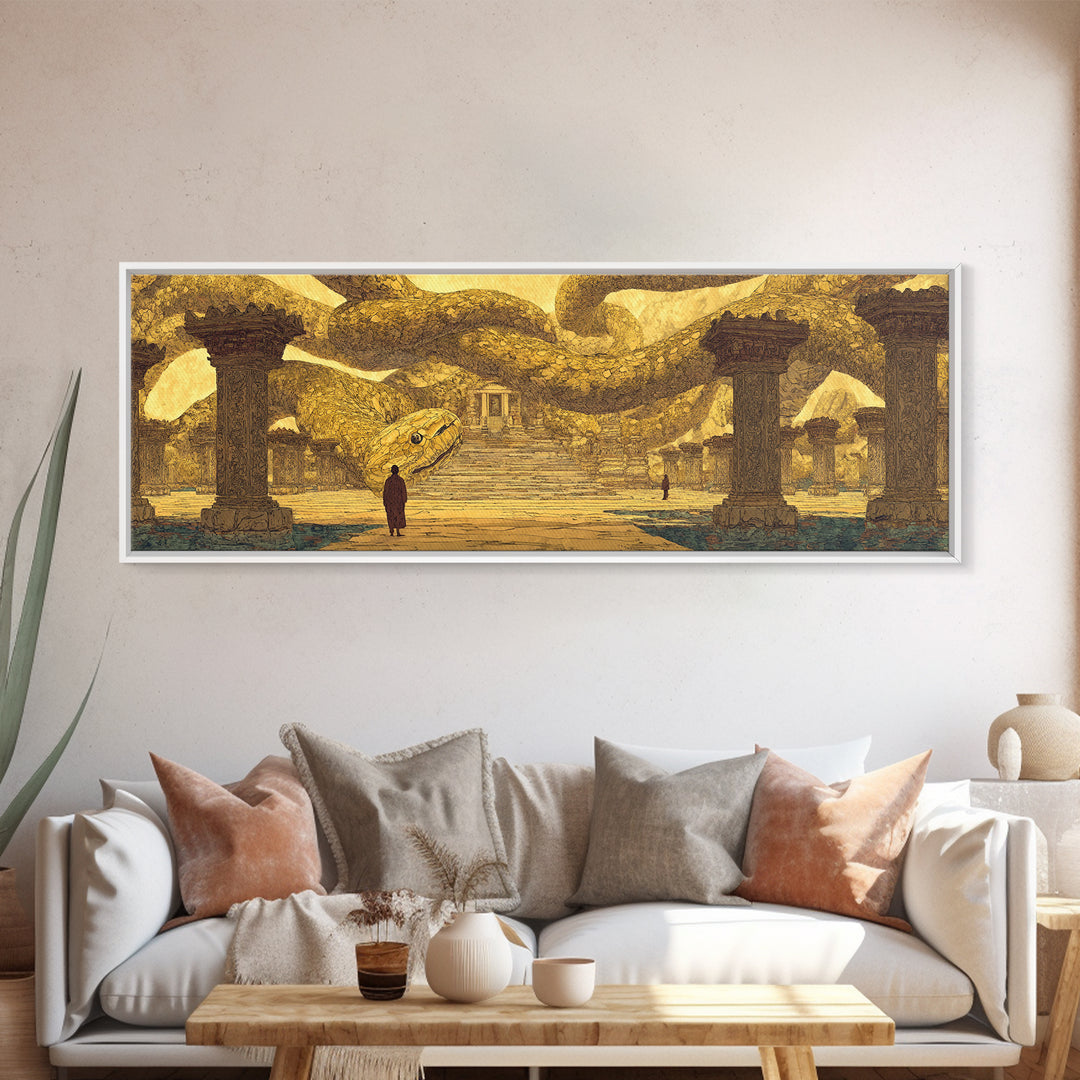 Ancient Golden Serpent Temple Wall Art, African Egyptian Art, Mythic Snake Decor, Luxury Canvas Print For Statement Room