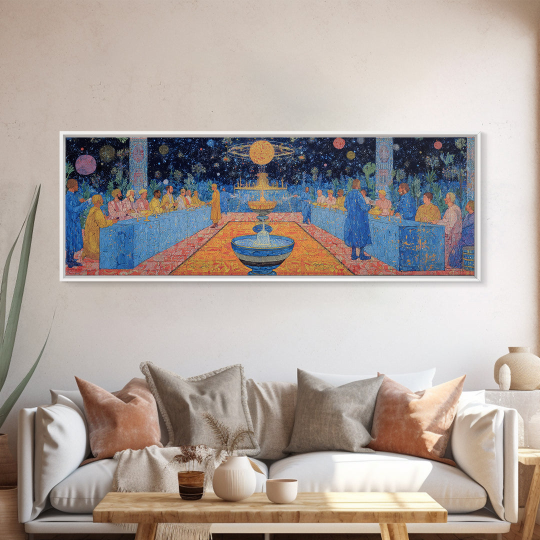 Celestial Banquet And Fountain Garden Canvas Print, African Inspired Wall Art, Dreamy Blue Celebration Decor Gift For Home