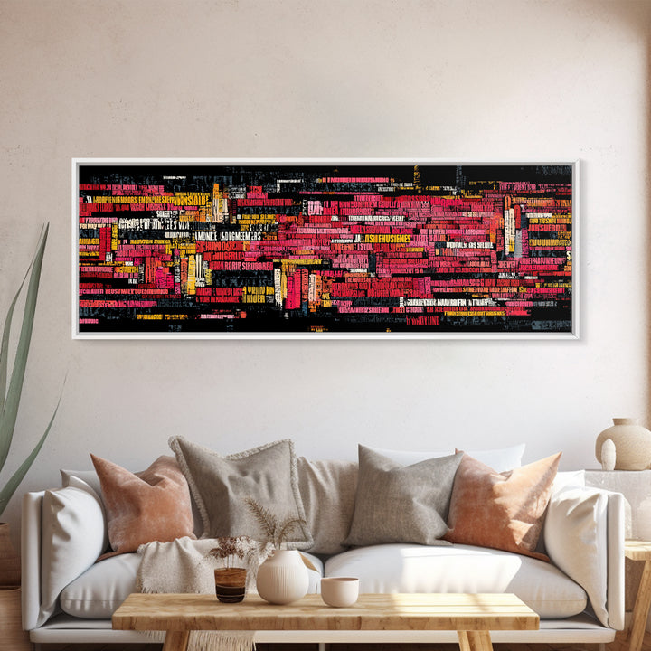 Neon Abstract City Skyline Wall Art, Modern African Inspired Typography, Urban Black Art Decor, Bold Red Yellow Canvas Print