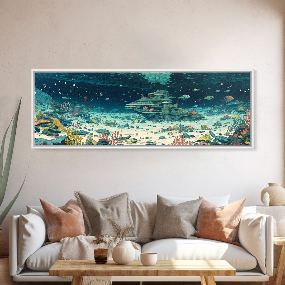 Underwater Coral Reef City With Fish Canvas Print, Ocean Wall Art, Beach Art, Blue Nature Scene, Coastal Home Decor Gift