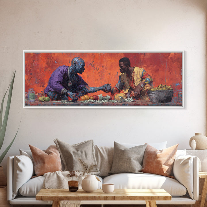 African Market Handshake Scene Canvas Print, African Wall Art, Cultural Art, Orange Painting, Afrocentric Home Decor Gift