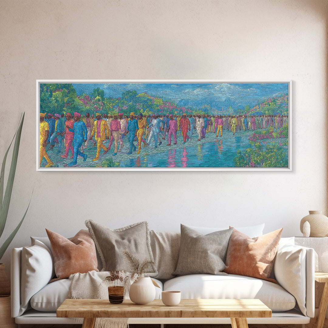 Colorful Riverside Crowd Abstract Wall Art, African Inspired Canvas Print, Modern Art, Vibrant Home Decor, Large Wall Art