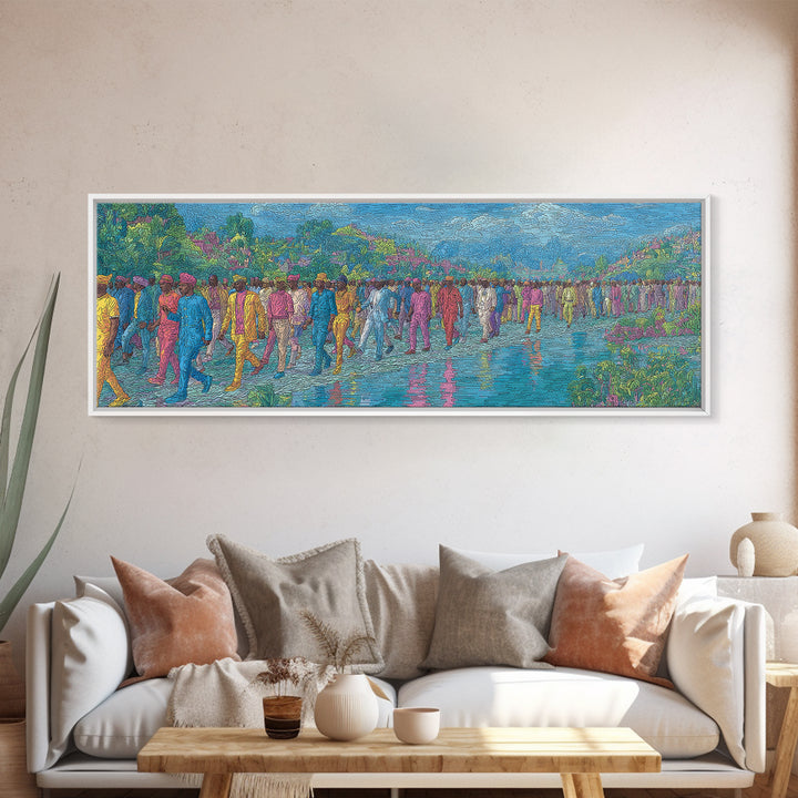 Colorful Riverside Crowd Abstract Wall Art, African Inspired Canvas Print, Modern Art, Vibrant Home Decor, Large Wall Art