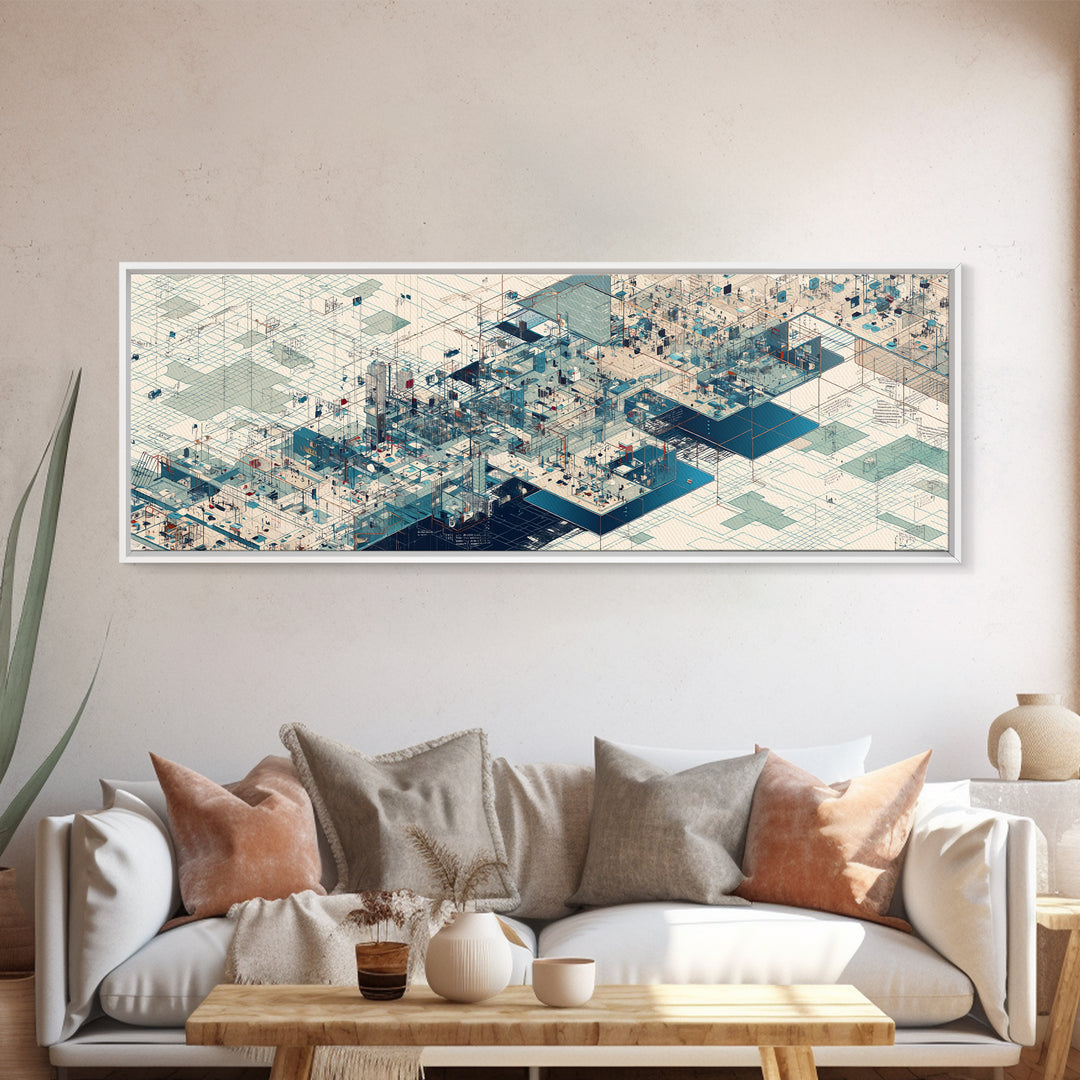 Isometric Futuristic City Grid Wall Art, Digital Art Canvas Print, Modern Office Decor, Geometric Wall Art, Tech Blue Art
