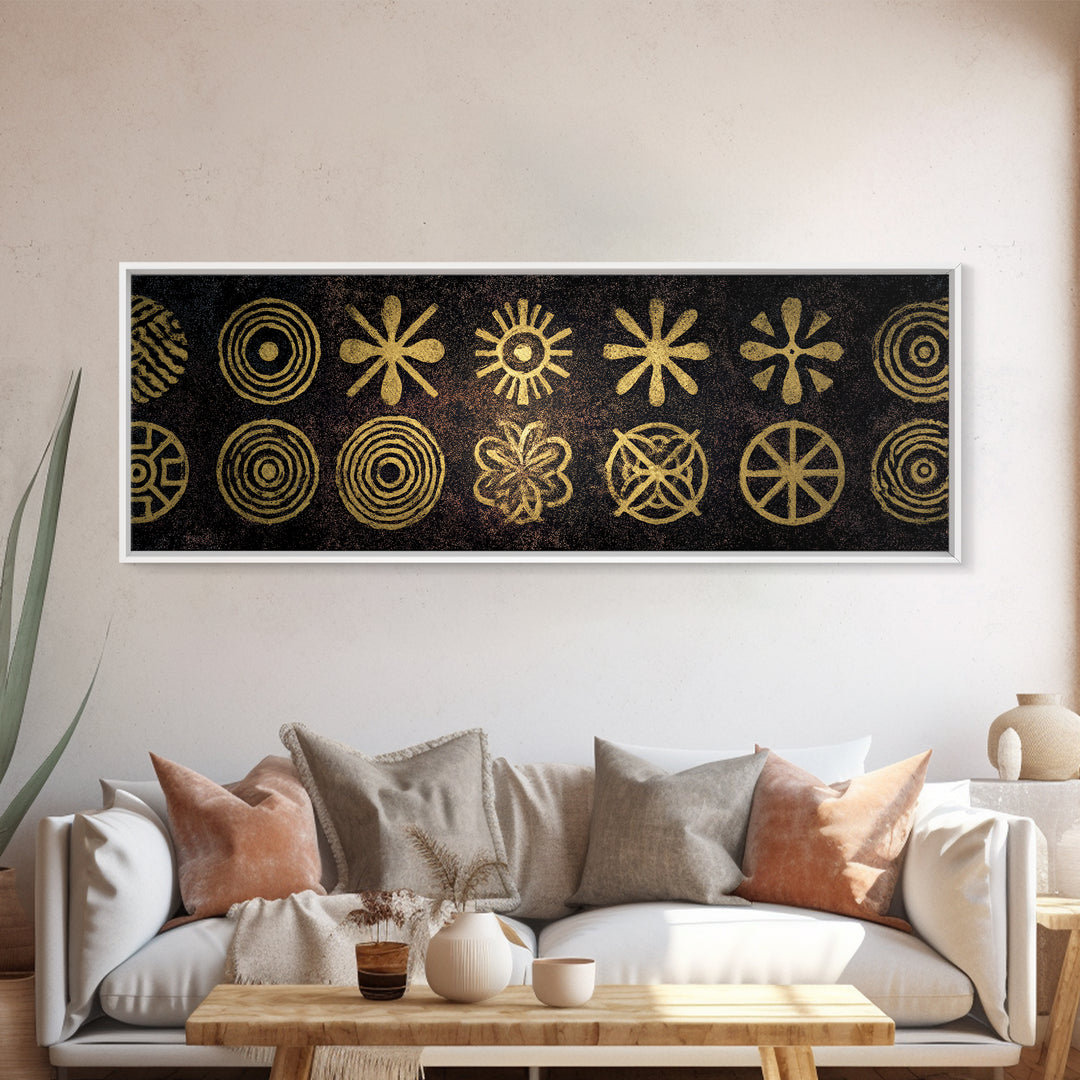 Gold Tribal Symbol Pattern Canvas Print, African Tribal Art, African Patterns, Black And Gold Art, Cultural Wall Decor, Boho Decor