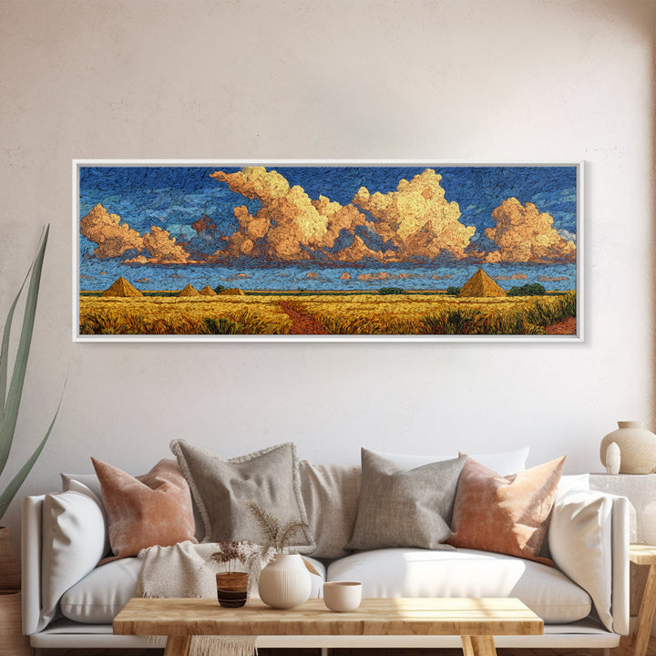 Golden Pyramids Under Textured Clouds Framed Canvas Print, African Egyptian Art, African Landscape, Blue And Gold Canvas, Decor