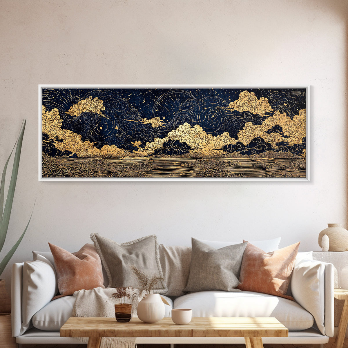 Gold Line Celestial Clouds Over Water Wall Art, African Abstract, Spiritual Wall Art, Mystical Wall Art, Black And Gold Art Decor
