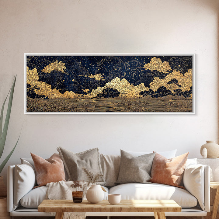 Gold Line Celestial Clouds Over Water Wall Art, African Abstract, Spiritual Wall Art, Mystical Wall Art, Black And Gold Art Decor