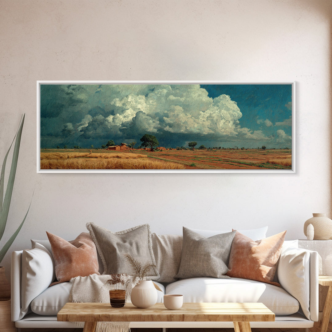 Rustic Farmhouse Beneath Towering Clouds Canvas Print, African Landscape, Earth Tone Wall Art, Nature Scene Art, Home Decor