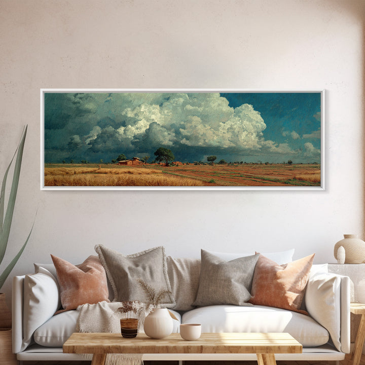 Rustic Farmhouse Beneath Towering Clouds Canvas Print, African Landscape, Earth Tone Wall Art, Nature Scene Art, Home Decor
