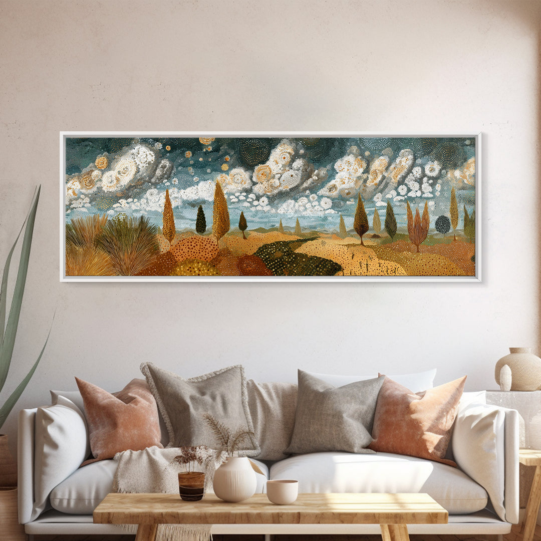 Golden African Savanna Hills Wall Art, Abstract Storm Cloud Landscape, Earth Tone Canvas Decor, Boho Living Room Art Print