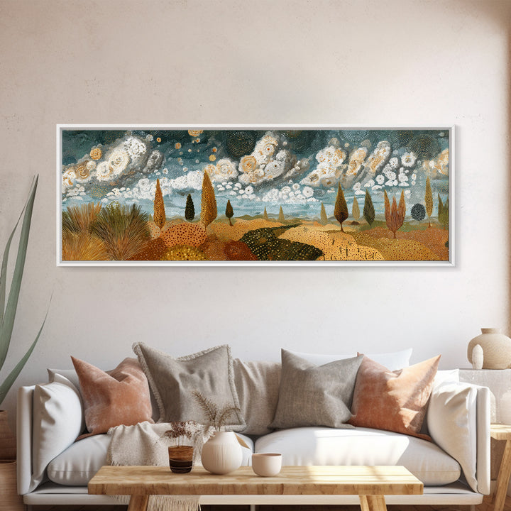 Golden African Savanna Hills Wall Art, Abstract Storm Cloud Landscape, Earth Tone Canvas Decor, Boho Living Room Art Print