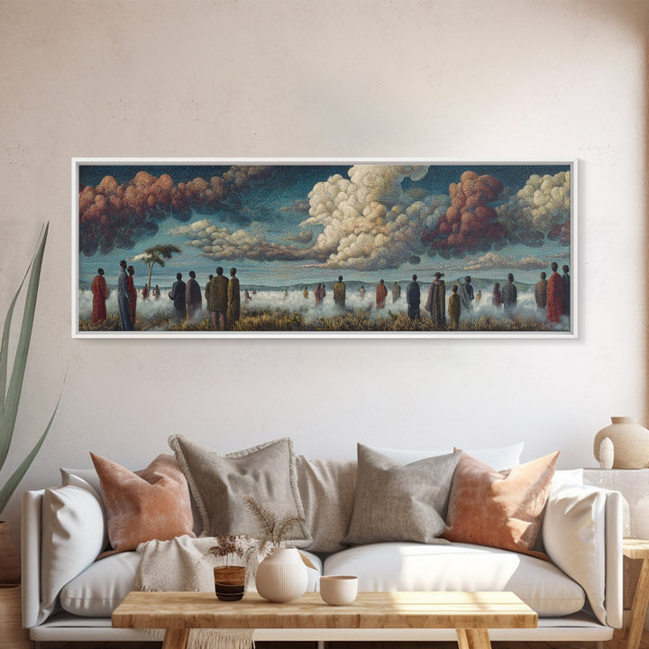 Misty African Gathering Wall Art, Dramatic Cloud Lake Landscape, Afrocentric Canvas Decor, Cultural Living Room Print Gift