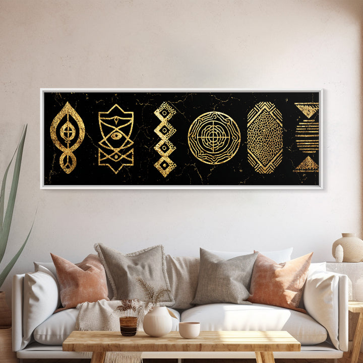 Gold Tribal Symbols Canvas Print, African Geometric Pattern Wall Decor, Abstract Black And Gold Art, Modern Ethnic Decor