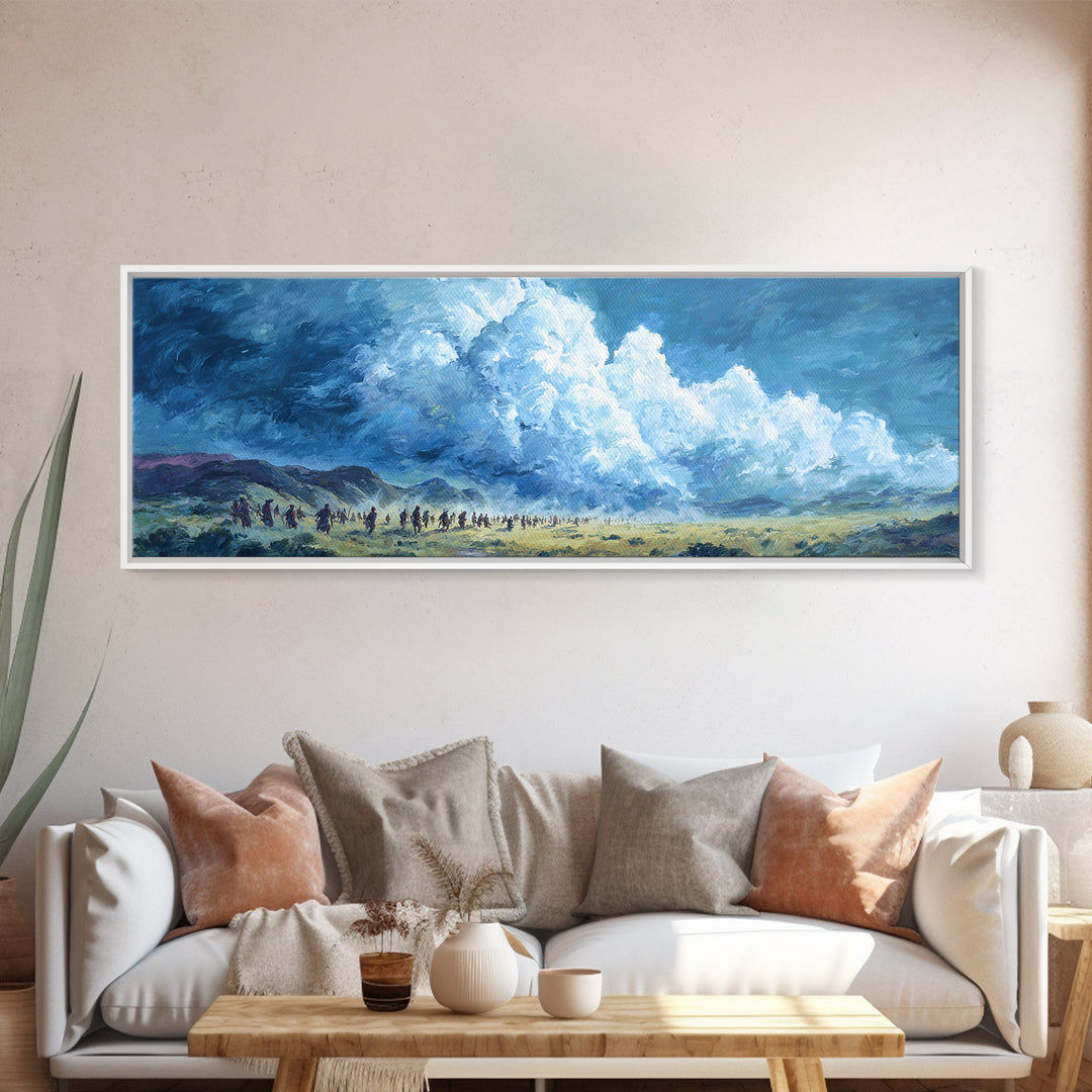 Blue Cloud Procession Wall Art, African Landscape Painting, Modern Canvas Decor, Serene Safari Living Room Art Print Gift