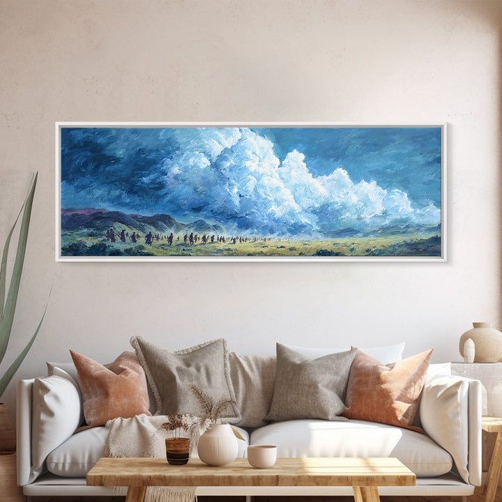 Blue Cloud Procession Wall Art, African Landscape Painting, Modern Canvas Decor, Serene Safari Living Room Art Print Gift
